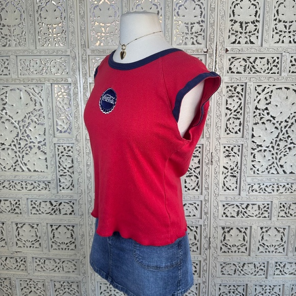 Y2K Coca Cola Red & Navy Retro Cap Sleeve Ribbed T shirt Sz M/L - Picture 4 of 6
